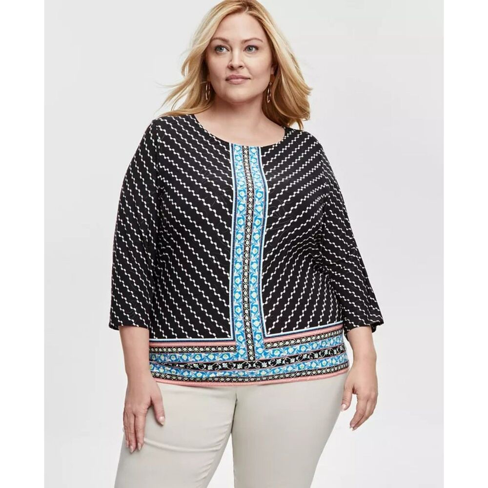 JM Collection Women's Plus Size Jacquard 3/4-Sleeve Top Size 2X, Black NWT - Picture 1 of 9